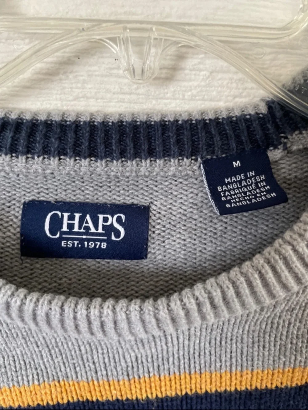 Chaps Gray, Navy & Gold Striped Crewneck Sweater